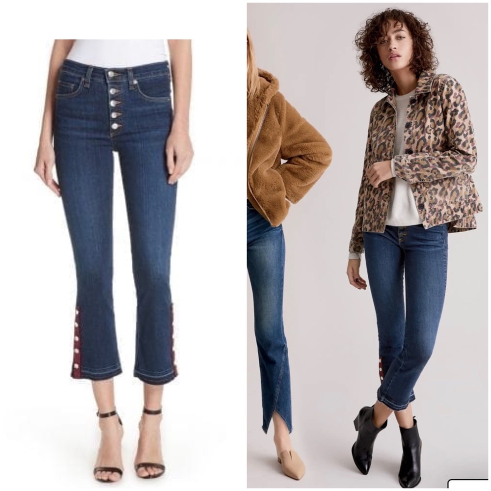 Veronica Beard Carolyn Baby Boot Side Vent Button Hem Flare Jeans Dark Sea